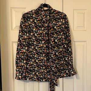 Tory Burch Black Floral Button-Down Tie-Neck Shirt